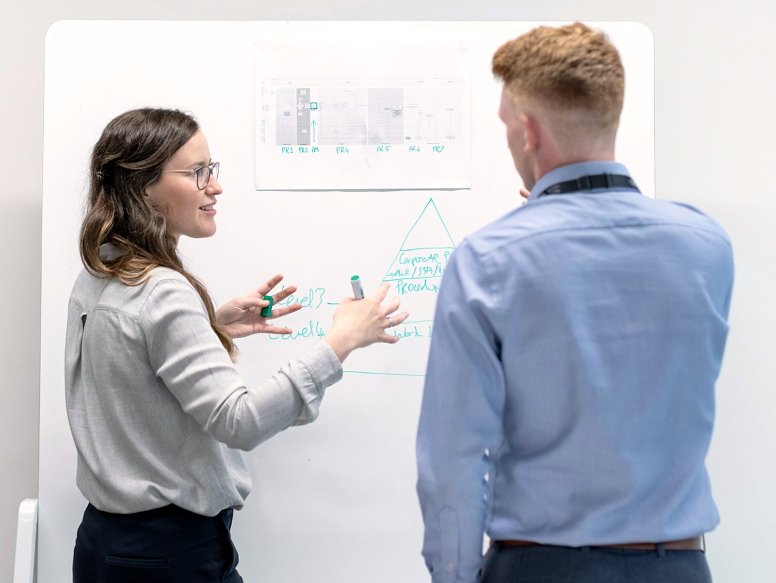 Two colleagues working through ideas at a whiteboard